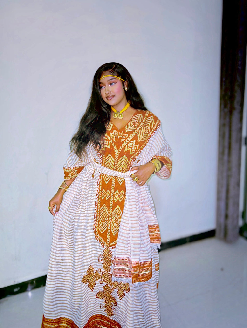 LUCHIA BROWN & WHITE TRADITIONAL ETHIOPIAN DRESS | CROSS EMBROIDERY HABESHA KEMIS | GEOMETRIC PATTERN HABESHA DRESS |
