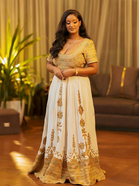 GOLD EMBROIDERED HABESHA KEMIS | ETHIOPIAN TRADITIONAL DRESS