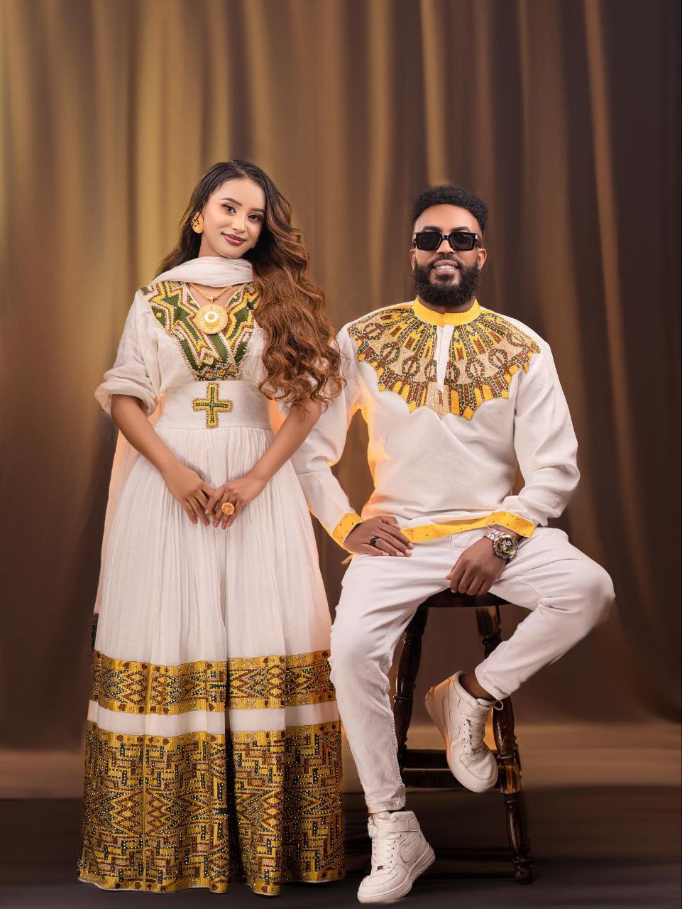 MAYA MODERN ETHIOPIAN COUPLE OUTFIT | HABESHA TRADITIONAL MATCHING SET | GOLD EMBROIDERY COUPLE WEAR