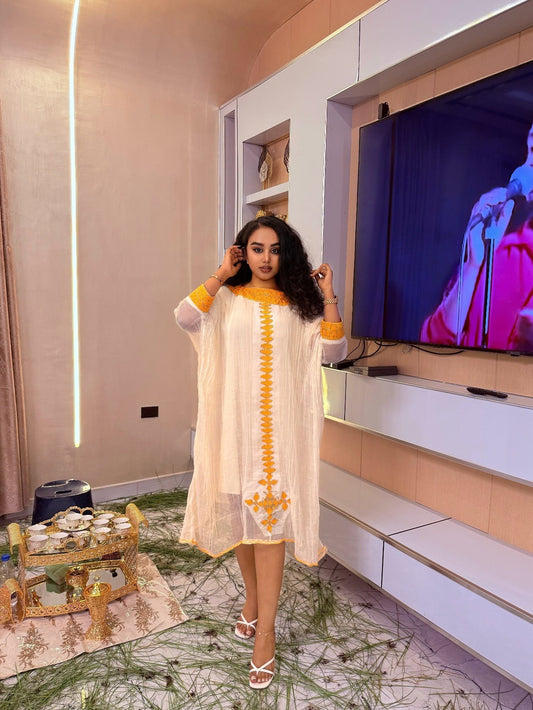 BEAUTIFUL ETHIOPIAN TRADITIONAL DRESS WITH YELLOW EMBROIDERY