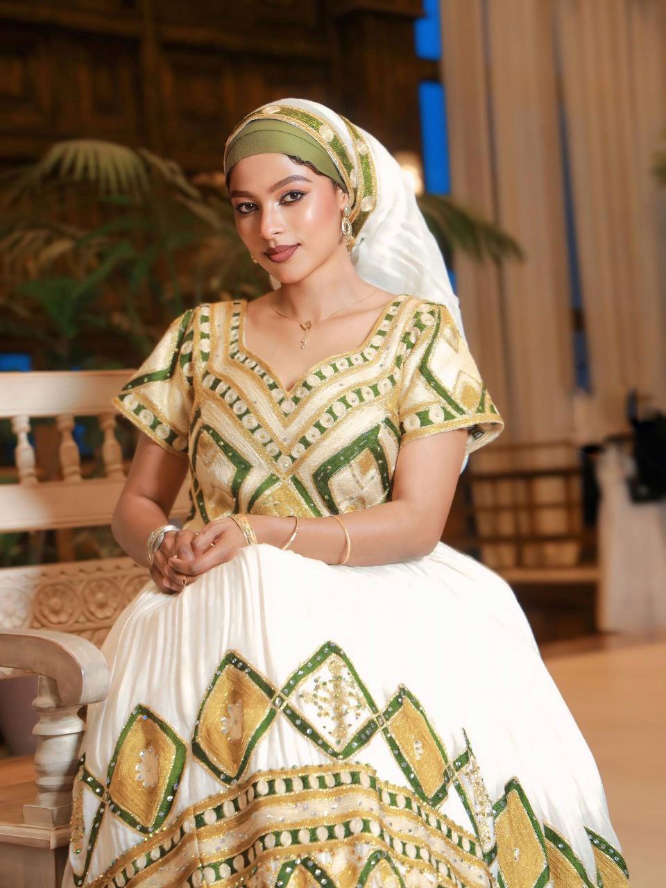 HAYAT TRADITIONAL ETHIOPIAN WEDDING DRESS | HABESHA KEMIS & ERITREAN CLOTH | GREEN AND GOLD EMBROIDERY HABESHA DRESS
