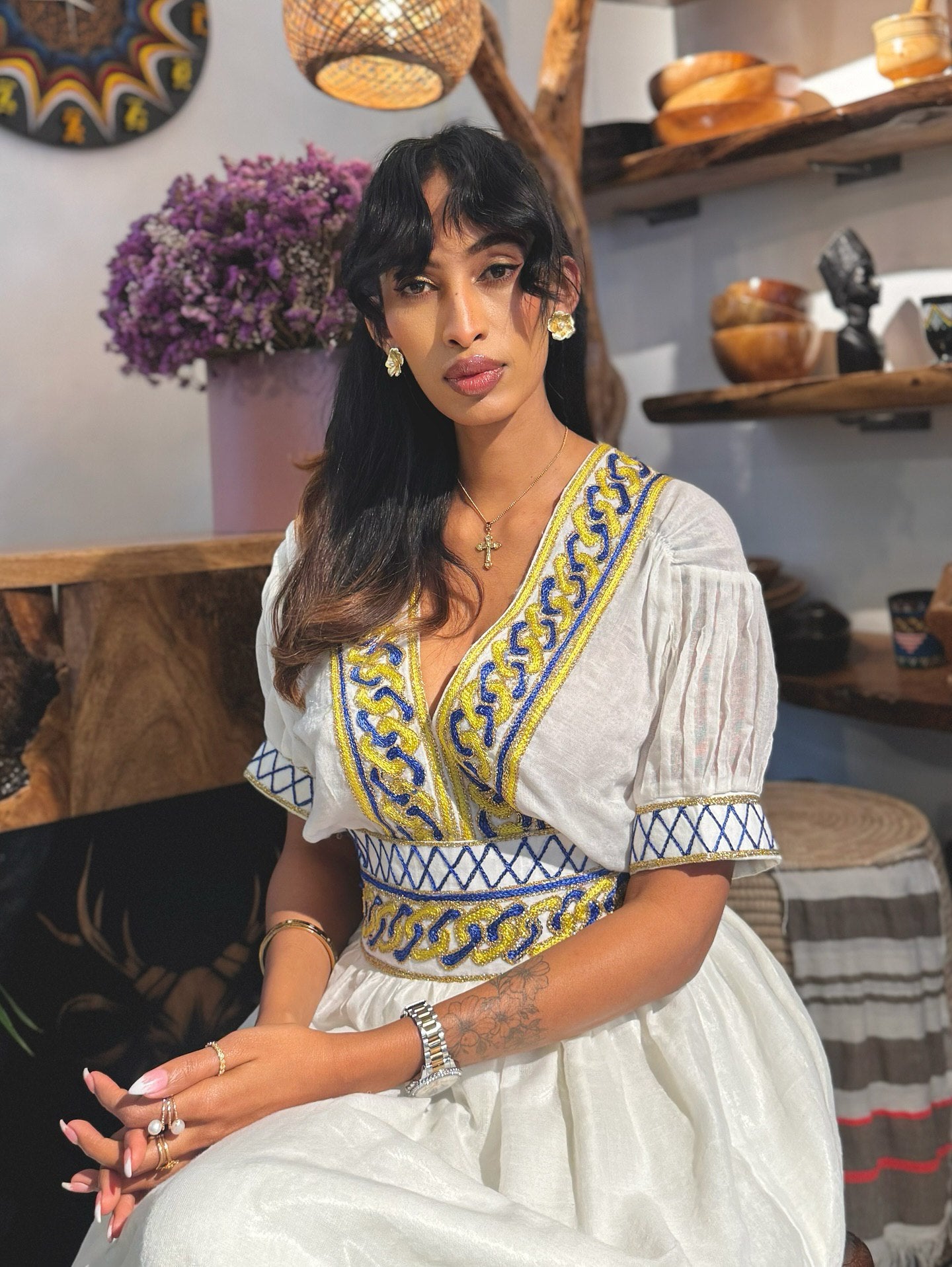 YOHANA ETHIOPIAN TRADITIONAL DRESS | HABESHA DRESS WITH BLUE & YELLOW EMBROIDERY | HABESHA KEMIS FOR EVENTS