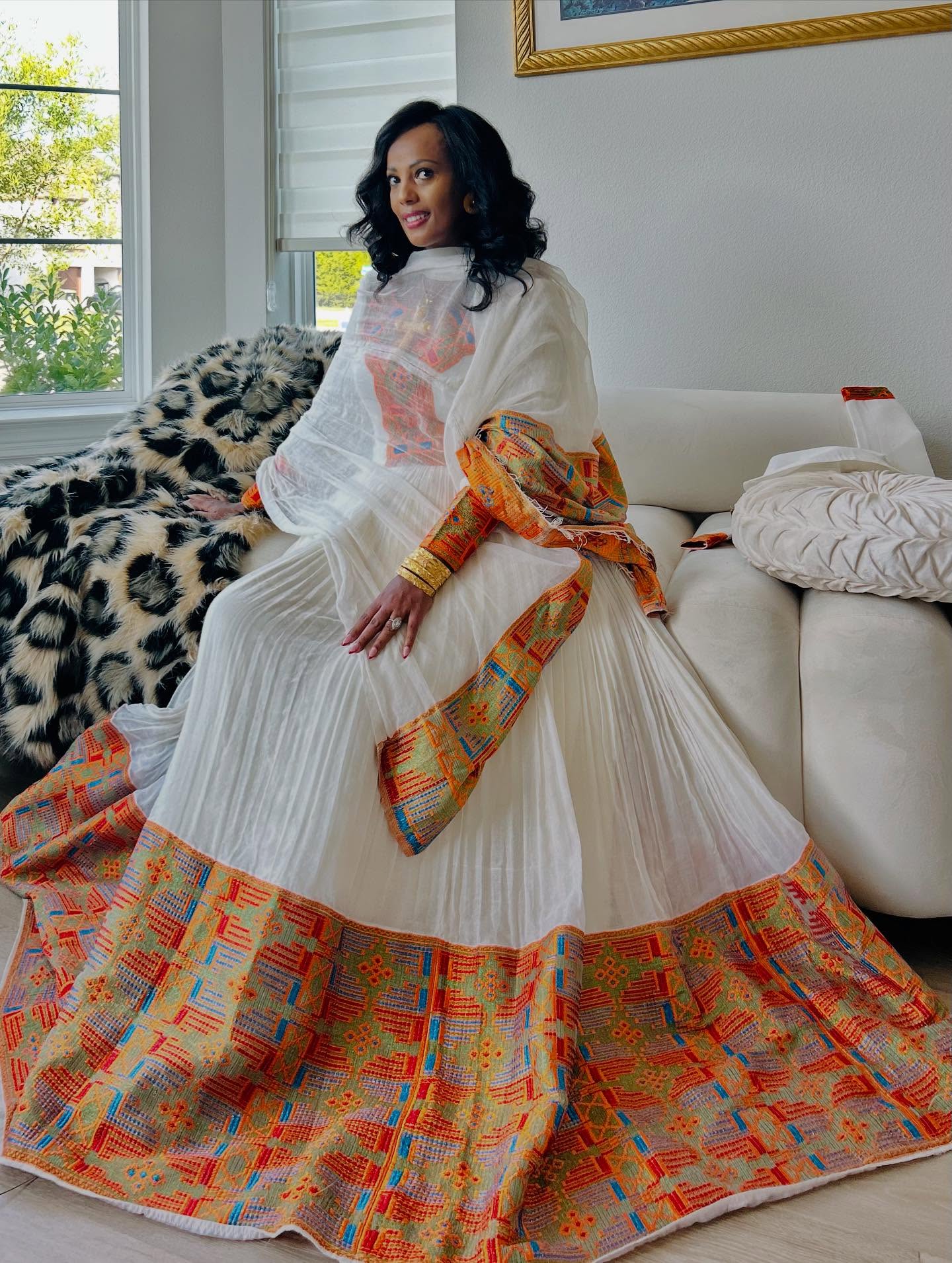 ENGIDA ORANGE EMBROIDERY HABESHA KEMIS | FESTIVE TRADITIONAL ETHIOPIAN DRESS | HANDWOVEN HABESHA DRESS