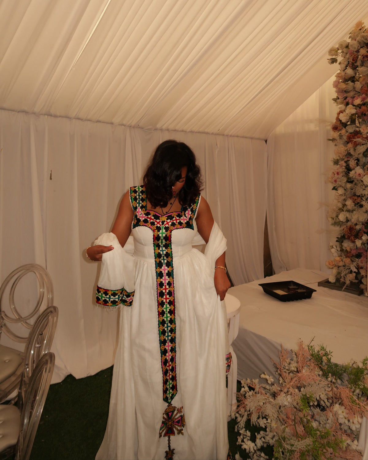 WENGELAWIT WHITE ETHIOPIAN TRADITIONAL DRESS | MULTICOLOR EMBROIDERY HABESHA KEMIS | STYLISH HABESHA DRESS