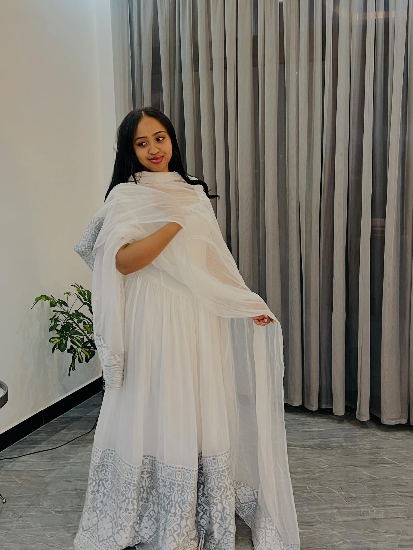 TSIGE WHITE FLOWY TRADITIONAL STYLE DRESS | GRAY EMBROIDERED DESIGN HABESHA KEMIS | STUNNING HABESHA DRESS