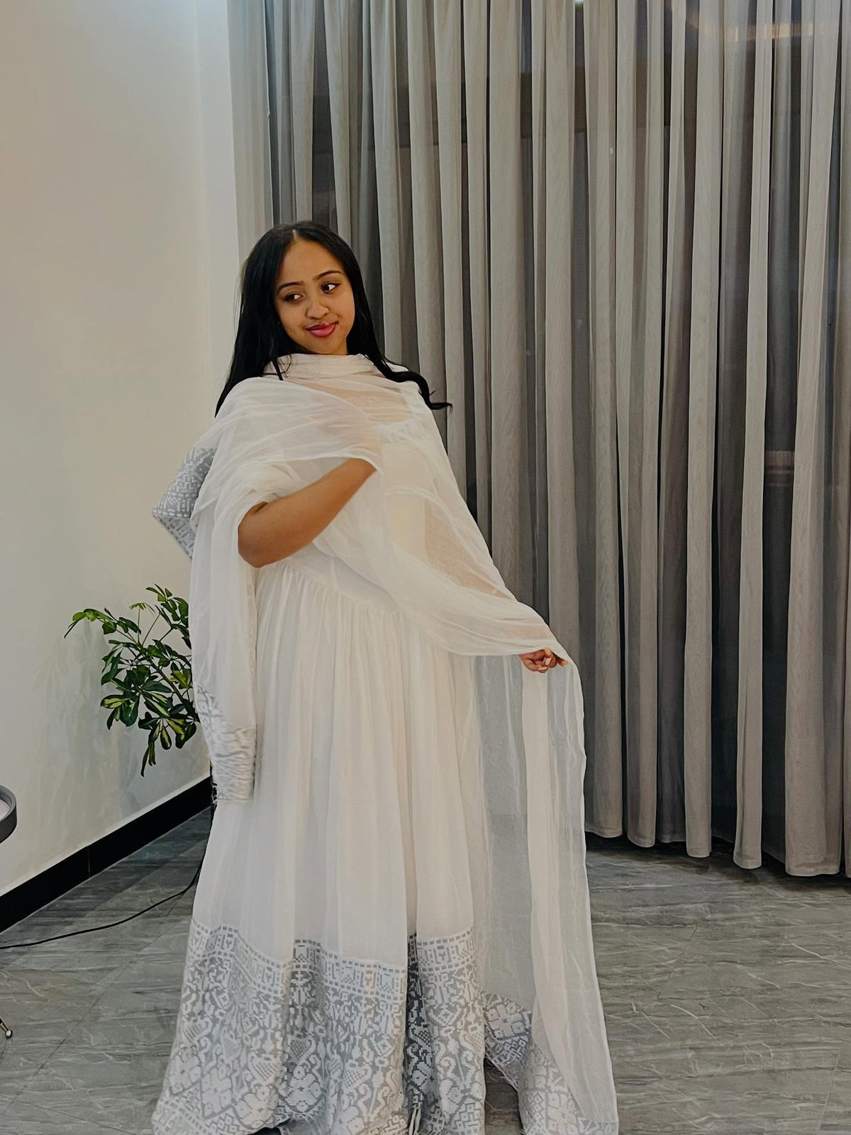 TSIGE WHITE FLOWY TRADITIONAL STYLE DRESS | GRAY EMBROIDERED DESIGN HABESHA KEMIS | STUNNING HABESHA DRESS