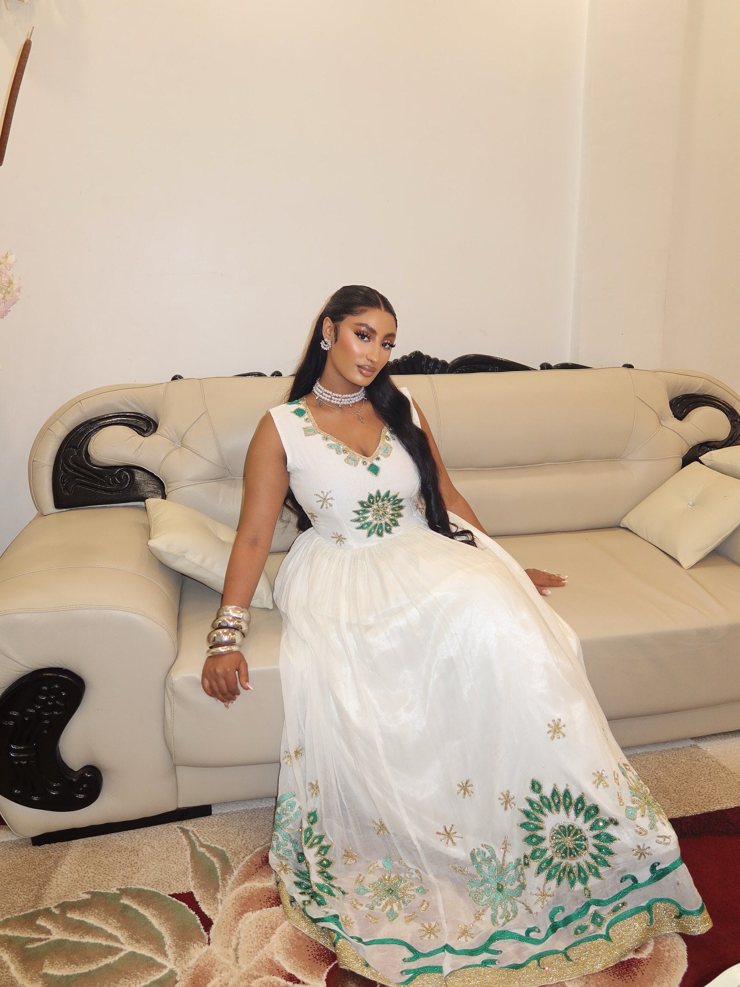 TSIGEREDA GREEN AND GOLD EMBROIDERY HABESHA DRESS | SLEEVELESS HABESHA KEMIS | GRACEFUL ETHIOPIAN CLOTHING