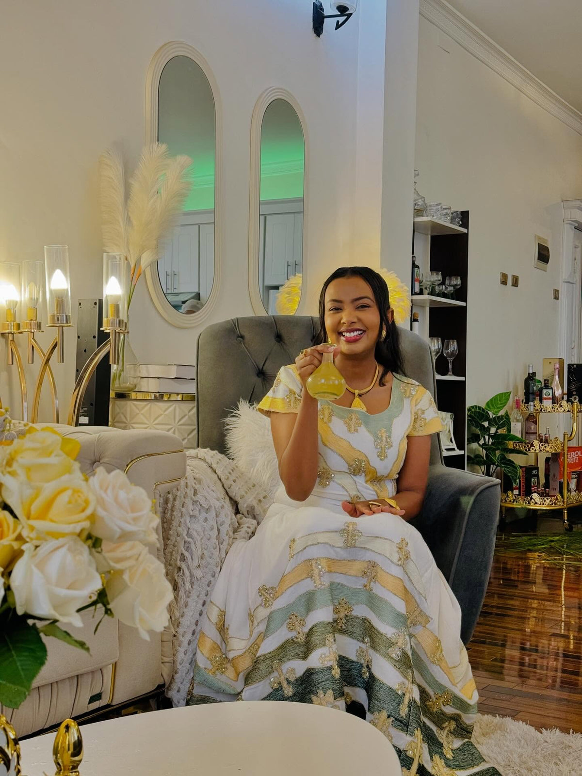 YOADAN ETHIOPIAN TRADITIONAL DRESS | GREEN AND GOLD DESIGN HABESHA DRESS | FESTIVE HABESHA KEMIS