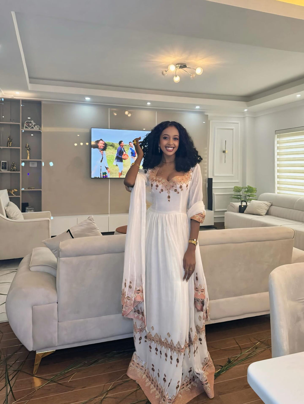 ZEMA WHITE HABESHA KEMIS | GOLDEN EMBROIDERY HABESHA DRESS | ETHIOPIAN TRADITIONAL DRESS FOR SPECIAL CELEBRATIONS