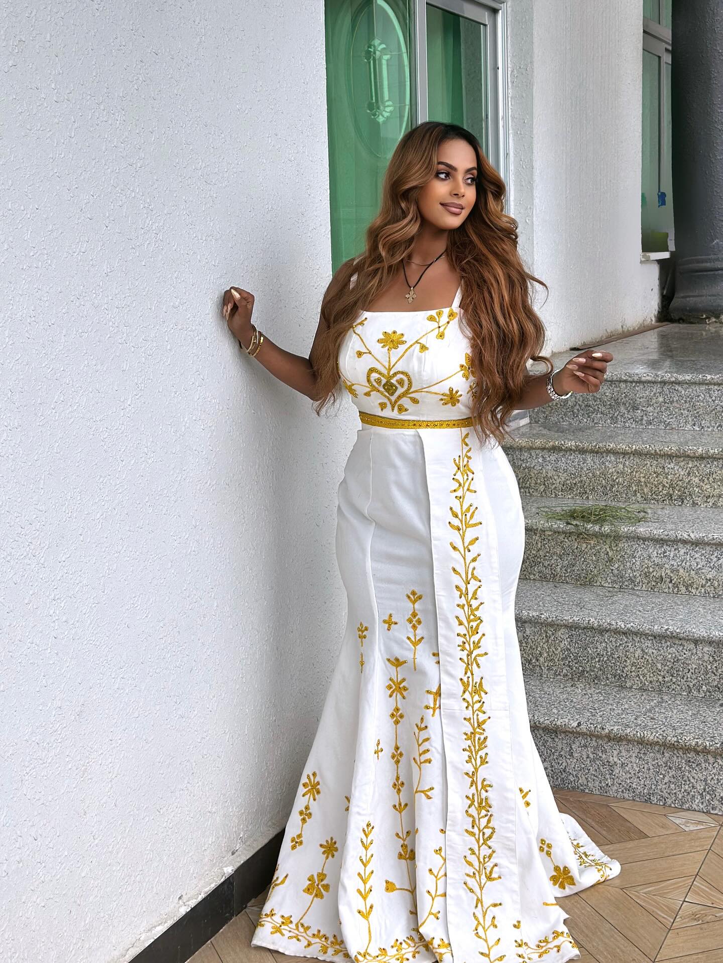FINAN BEAUTIFUL WHITE HABESHA KEMIS | GOLDEN EMBROIDERY ETHIOPIAN CLOTHING | MINIMALIST HABESHA DRESS