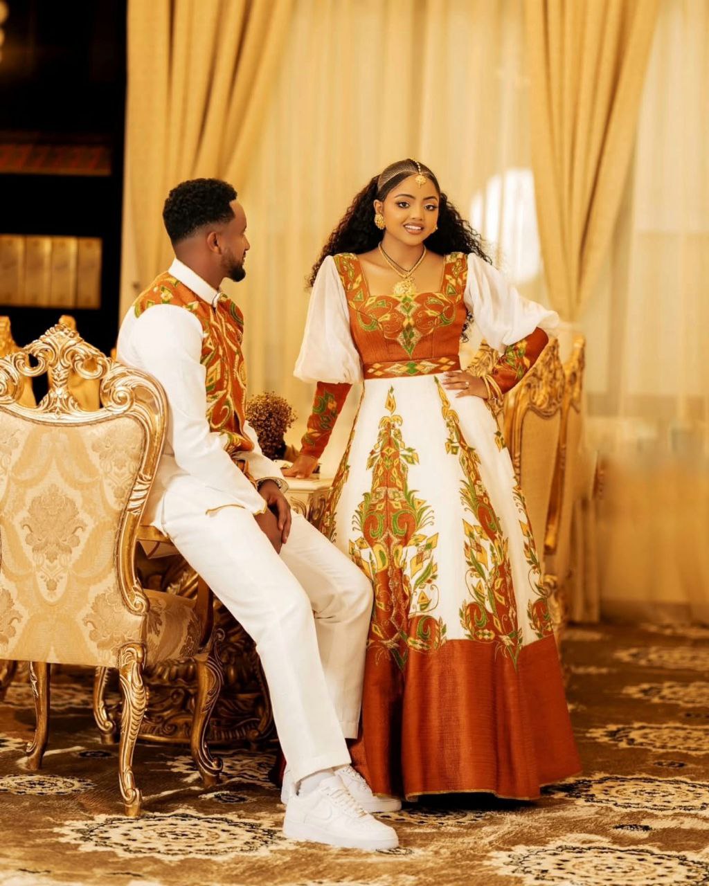 KIDU MATCHING ETHIOPIAN COUPLE OUTFIT | BROWN AND WHITE ETHIOPIAN CLOTHING | ETHIOPIAN COUPLE SET