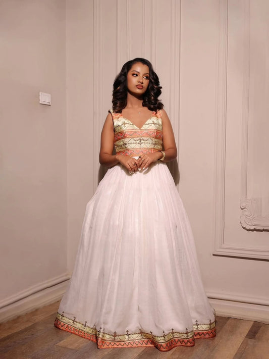 Elegant Ethiopian Dress | White and Gold Habesha Kemis