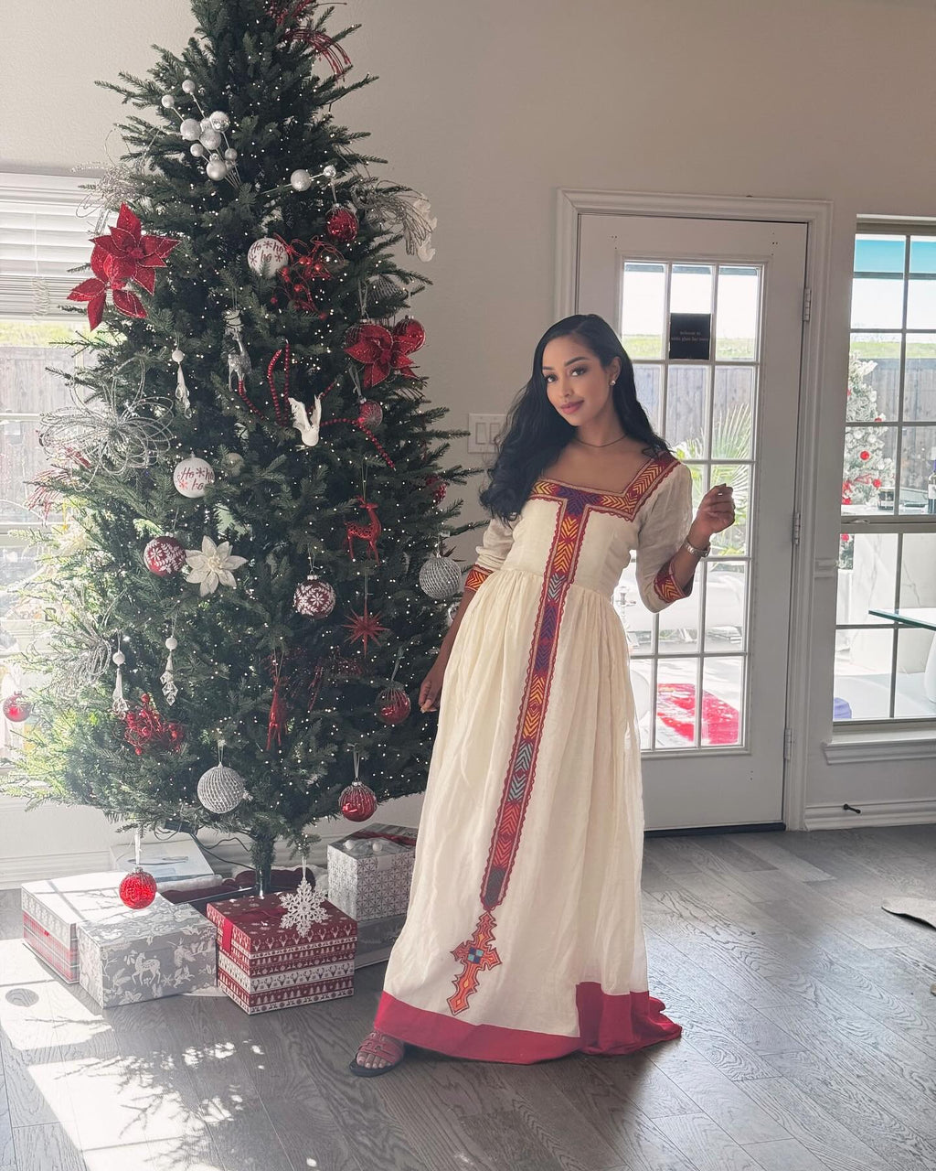 AMEN HABESHA DRESS | RED EMBROIDERY AND CROSS STYLE HABESHA KEMIS | ETHIOPIAN TRADITIONAL DRESS