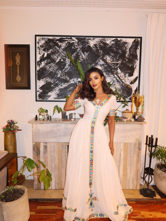 WHITE HABESHA TRADITIONAL DRESS WITH MULTICOLORED EMBROIDERY