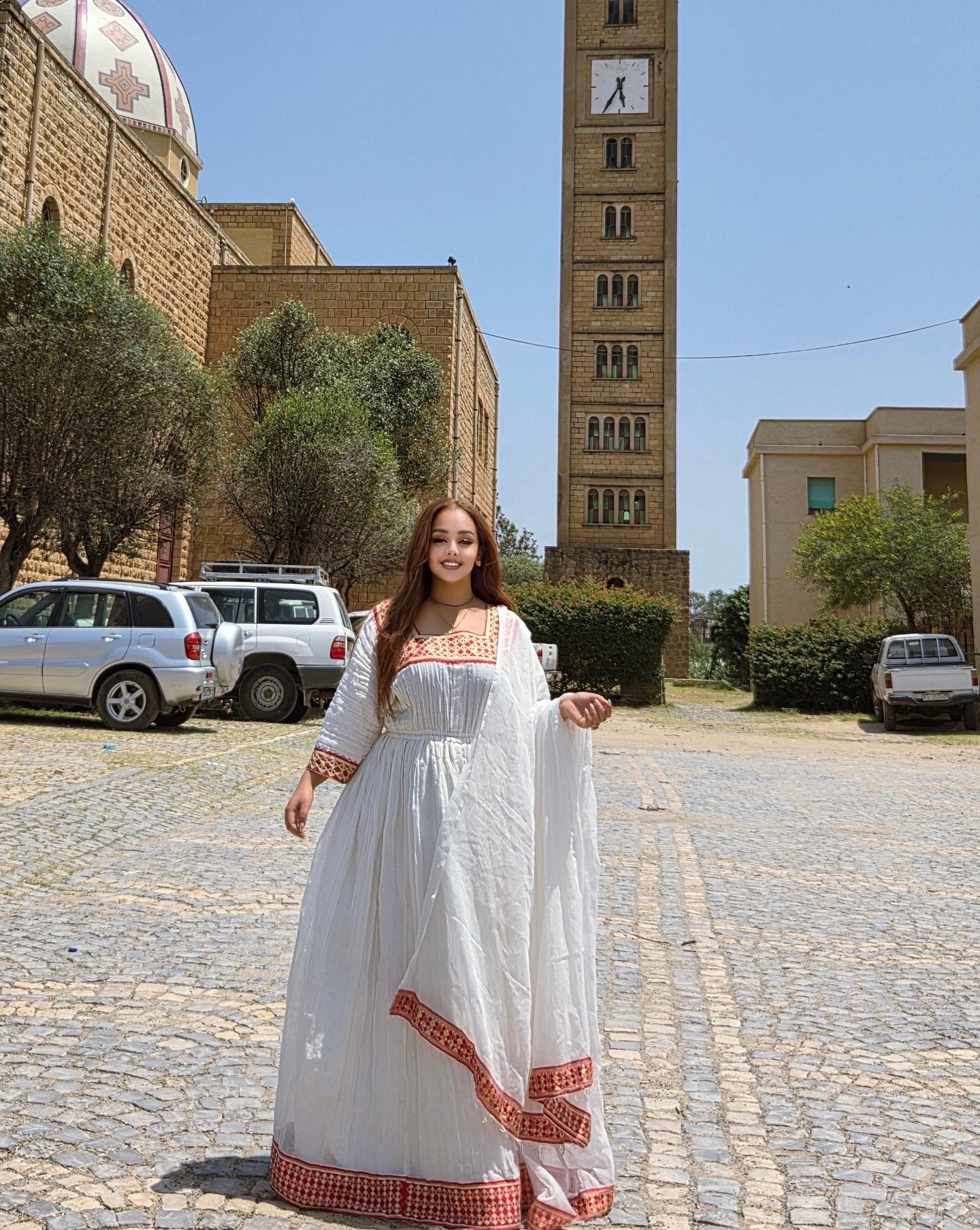 MIERAF RED EMBROIDERY ETHIOPIAN TRADITIONAL DRESS | WHITE HANDWOVEN STYLE HABESHA KEMIS | STUNNING HABESHA DRESS