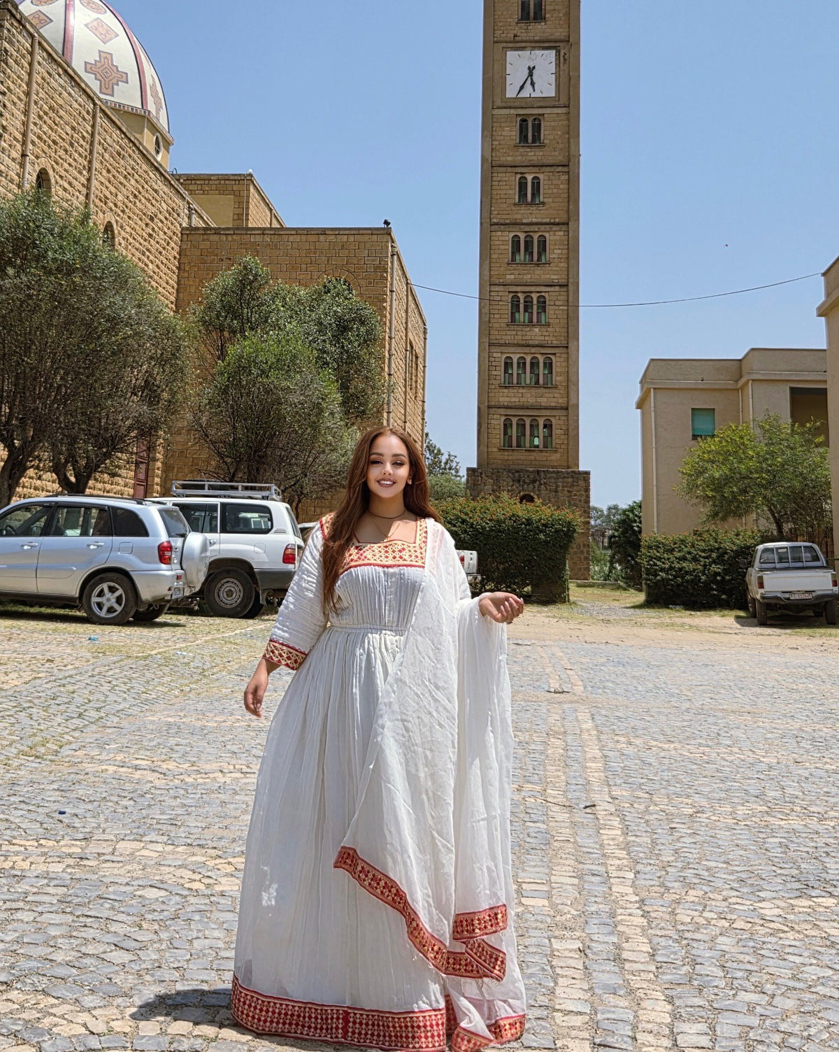 MIERAF RED EMBROIDERY ETHIOPIAN TRADITIONAL DRESS | WHITE HANDWOVEN STYLE HABESHA KEMIS | STUNNING HABESHA DRESS