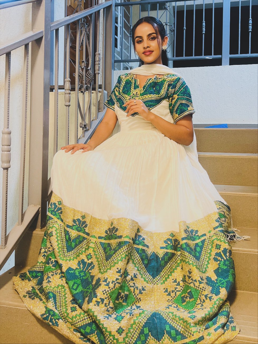 BELA GREEN EMBROIDERY HABESHA KEMIS | TRADITIONAL HABESHA DRESS FOR OCCASION | SHORT SLEEVE ETHIOPIAN CLOTHING