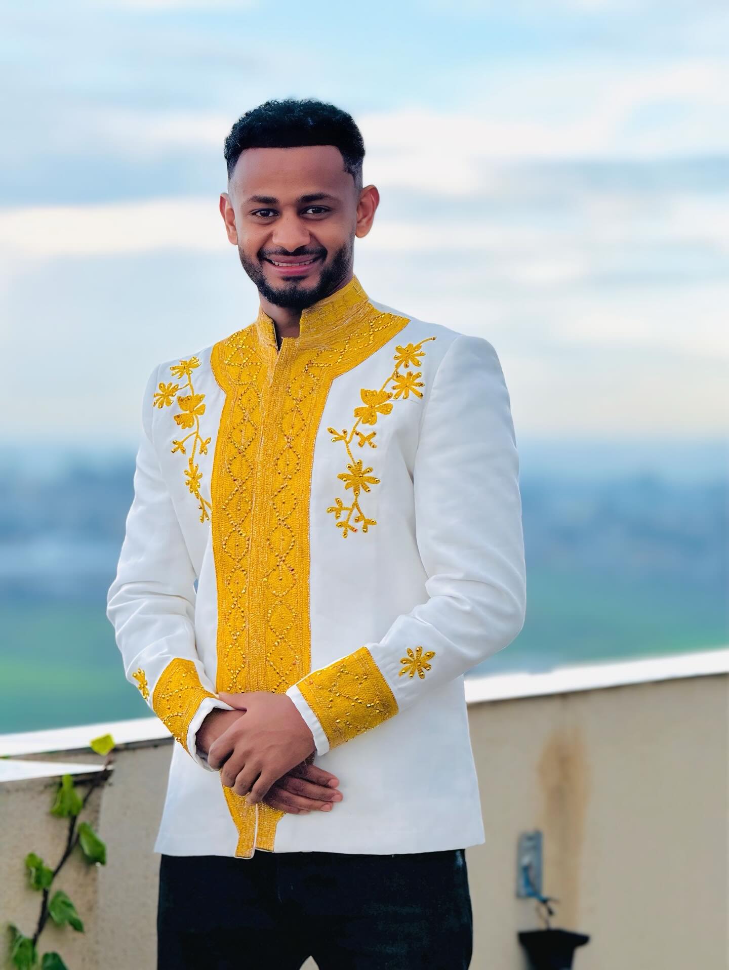 EYOB MEN’S WHITE HABESHA SHIRT | YELLOW EMBROIDERY MEN'S WEAR| LONG SLEEVE HABESHA SHIRT