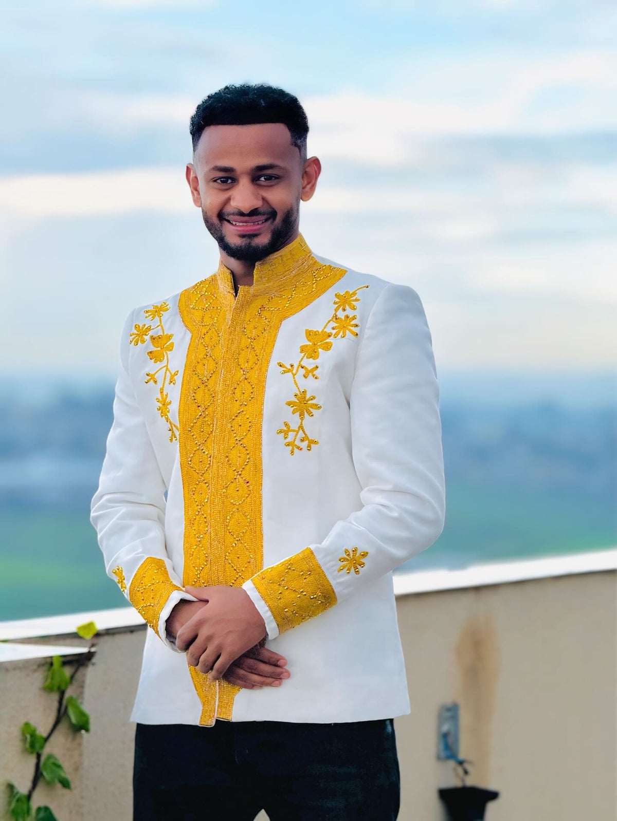 EYOB MEN’S WHITE HABESHA SHIRT | YELLOW EMBROIDERY MEN'S WEAR| LONG SLEEVE HABESHA SHIRT