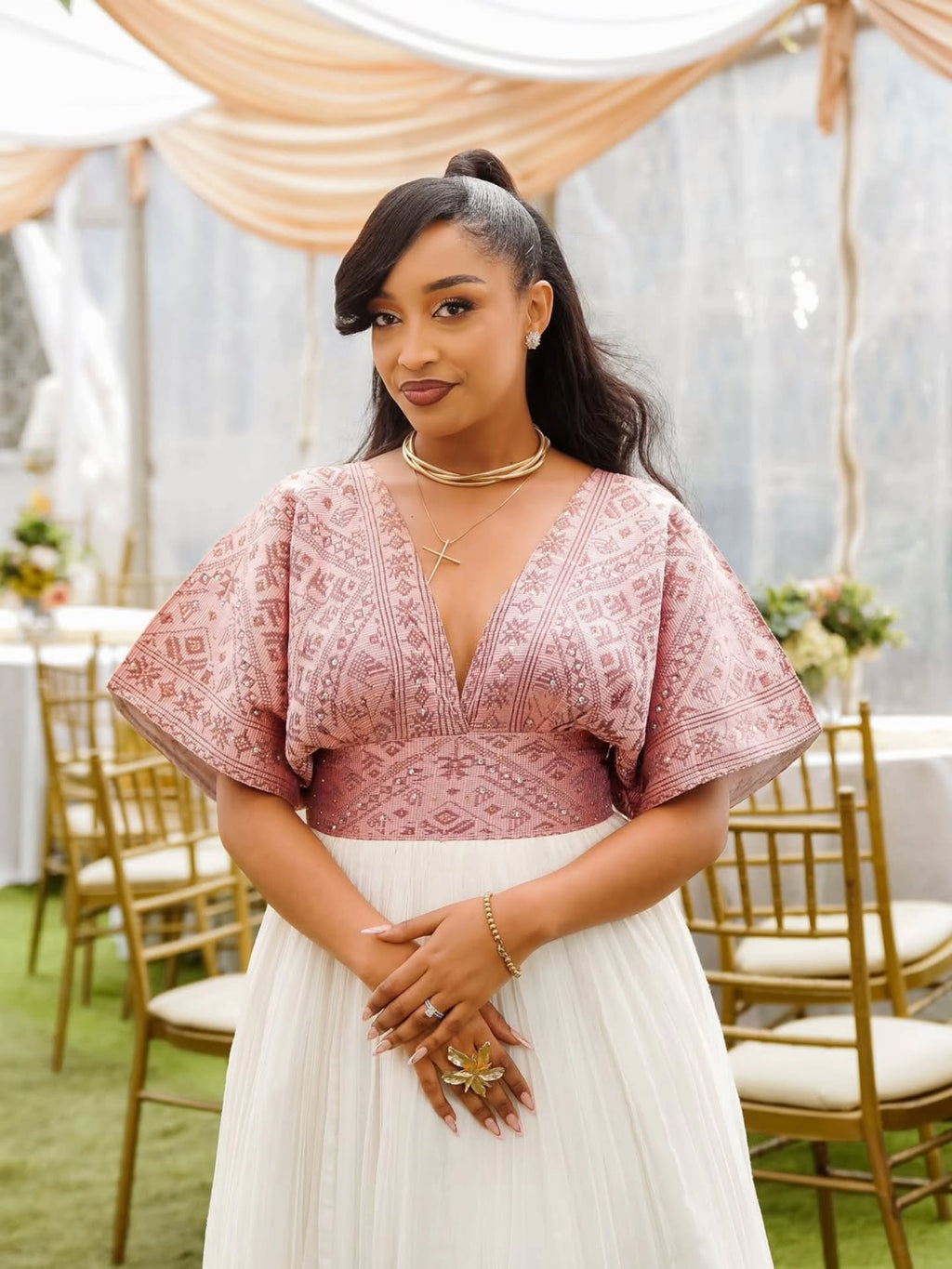 ATITEGEB PINK EMBROIDERY HABESHA DRESS | TRADITIONAL ETHIOPIAN HABESHA KEMIS | ELEGANT ETHIOPIAN CLOTHING