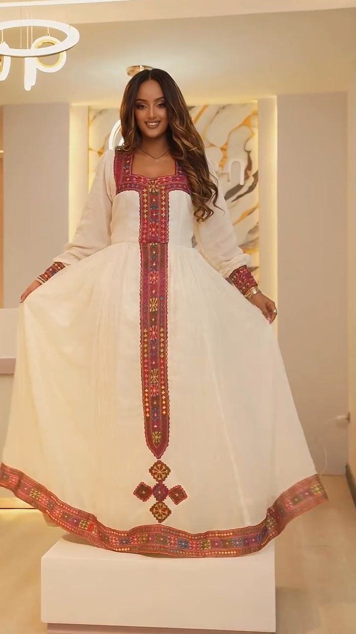 ZEWDY LONG SLEEVE HABESHA KEMIS | TRADITIONAL ETHIOPIAN DRESS FOR WOMEN | RED PATTERN HABESHA DRESS