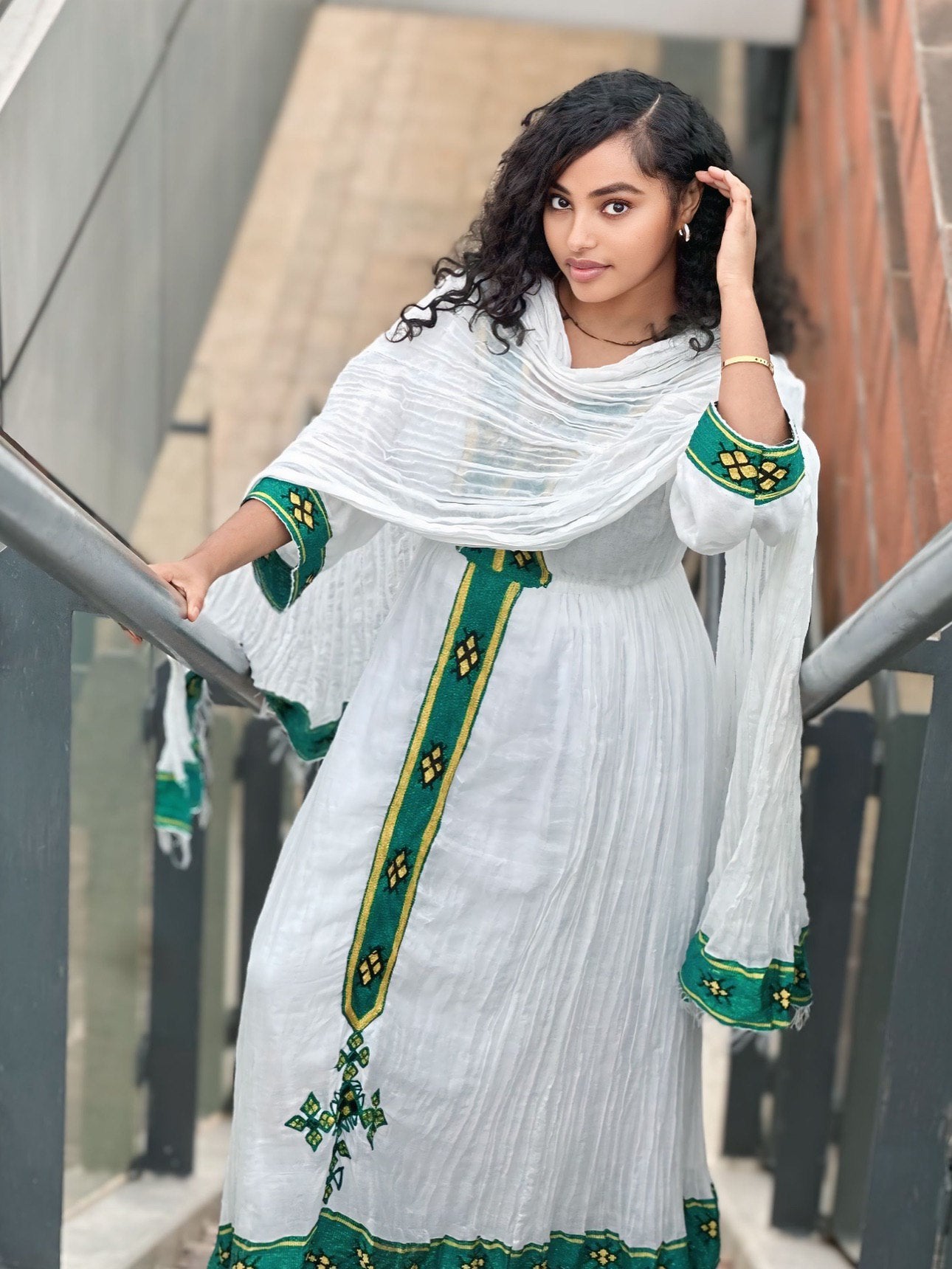 BEAMLAK GREEN EMBROIDERY HABESHA KEMIS | TRADITIONAL ETHIOPIAN CLOTHING | HABESHA DRESS