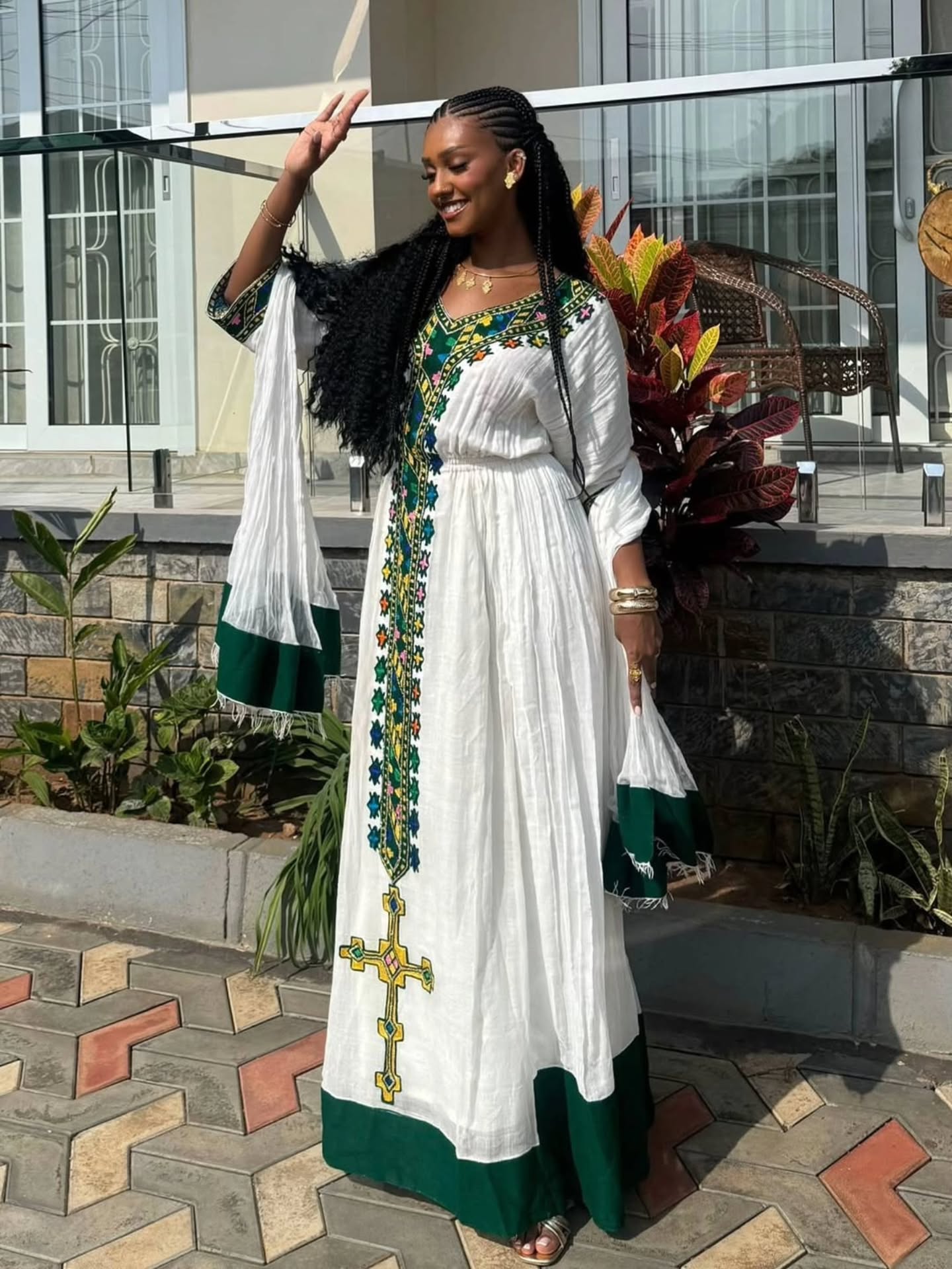 HANAMARIAM ETHIOPIAN DRESS WITH CROSS | MULTICOLOR EMBROIDERY HABESHA KEMIS | TRADITIONAL HABESHA DRESS