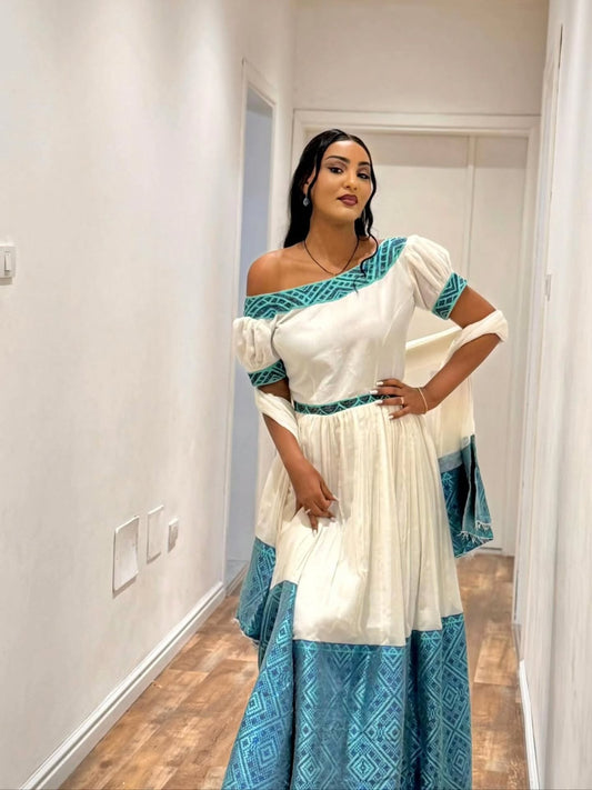 ETHIOPIAN TRADITIONAL DRESS | BLUE EMBROIDERY HABESHA KEMIS | ELEGANT HABESHA DRESS