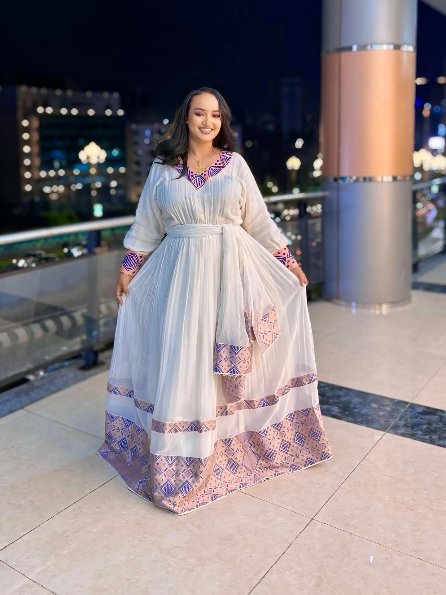 NIBRET WHITE HABESHA KEMIS | HABESHA DRESS WITH PATTERN | TRADITIONAL ETHIOPIAN DRESS