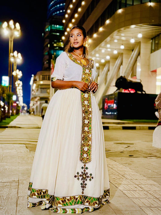 TRADITIONAL ETHIOPIAN CLOTHING – HABESHA KEMIS WITH GREEN AND GOLD EMBROIDERY