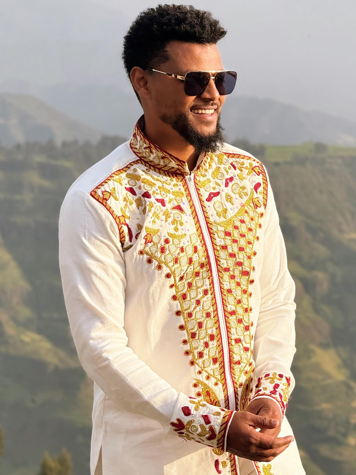 EYASU MEN’S HABESHA SHIRT | ETHIOPIAN & ERITREAN CLOTHING | TRADITIONAL RED EMBROIDERY OUTFIT