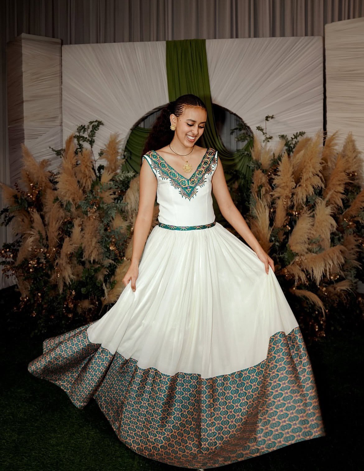 REKIK GREEN EMBROIDERY DESIGN HABESHA DRESS | ETHIOPIAN CLOTHING FOR FESTIVE | AUTHENTIC HABESHA KEMIS