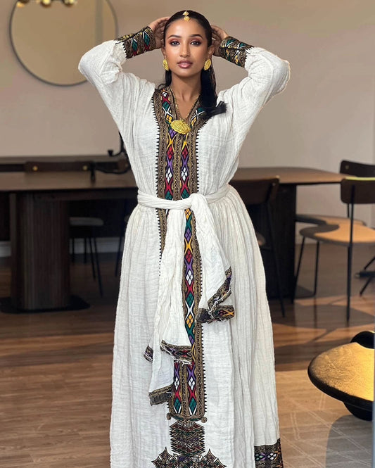 LONG SLEEVE HABESHA KEMIS – TRADITIONAL ETHIOPIAN CLOTHING WITH MULTICOLOR EMBROIDERY