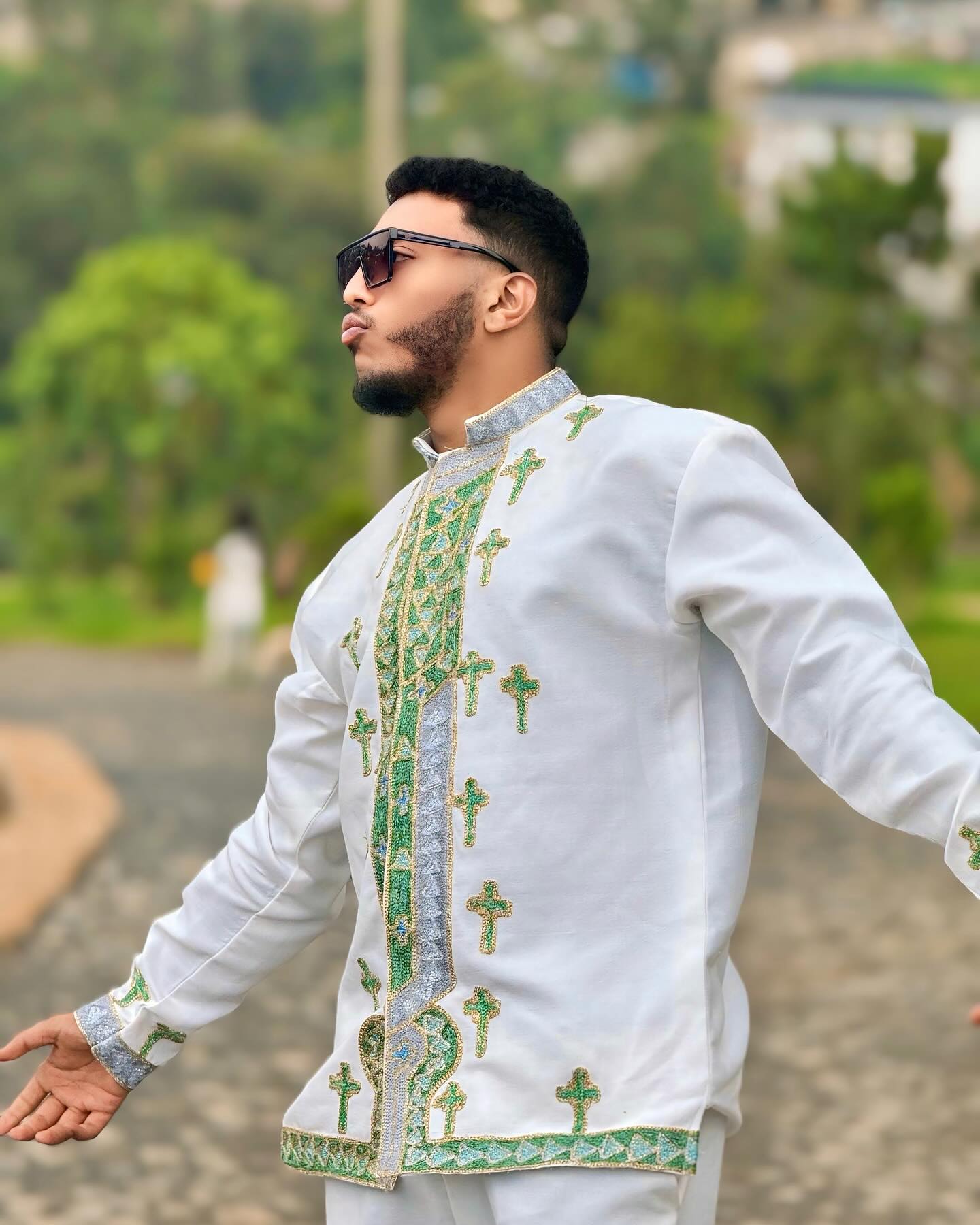 FREZER GREEN EMBROIDERY ETHIOPIAN MEN’S SUIT | HABESHA TRADITIONAL OUTFIT FOR MEN