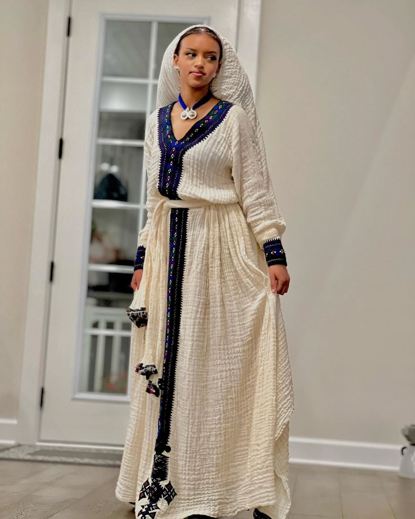 ENAT MULTICOLORED ETHIOPIAN DRESS | V-NECKLINE HABESHA DRESS | TRADITIONAL HABESHA KEMIS