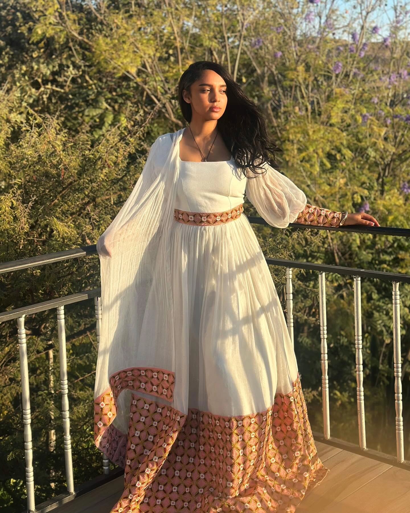 EHTALEM RADIANT TRADITIONAL ETHIOPIAN DRESS | HABESHA KEMIS WITH DELICATE HANDWOVEN DETAIL HABESHA DRESS STYLE