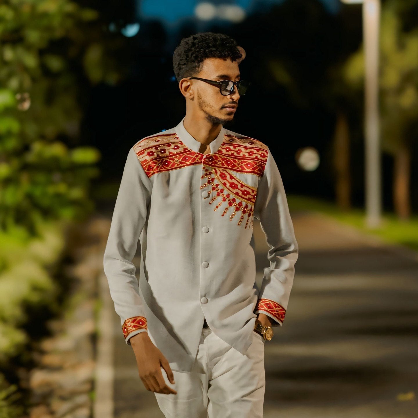 HANDWOVEN RED EMBROIDERED ETHIOPIAN MEN’S SHIRT – MODERN HABESHA STYLE