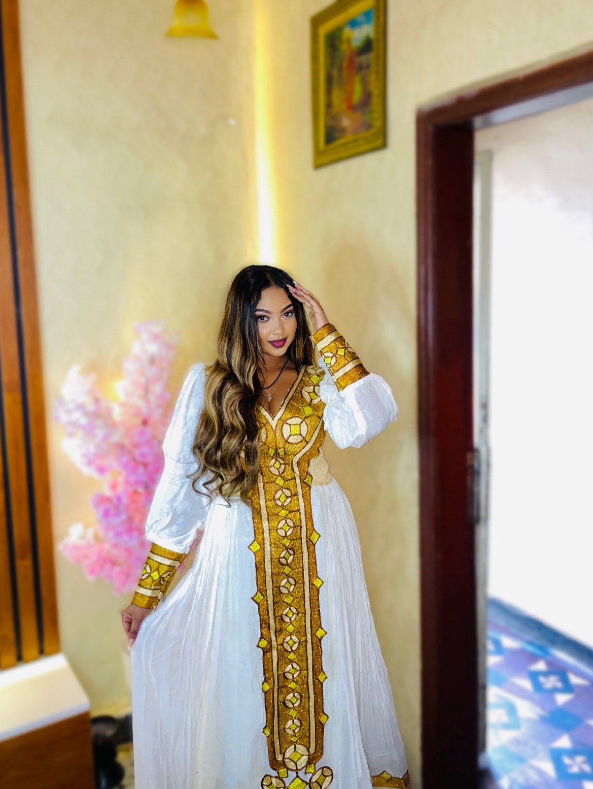 DANIA GOLDEN EMBROIDERY HABESHA KEMIS | ETHIOPIAN TRADITIONAL DRESS | LONG SLEEVE HABESHA DRESS