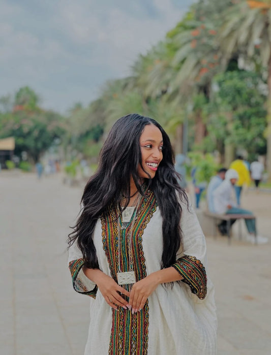 HANDWOVEN WHITE HABESHA DRESS WITH COLORFUL DETAIL | TRADITIONAL ETHIOPIAN CLOTHING & ERITREAN DRESS