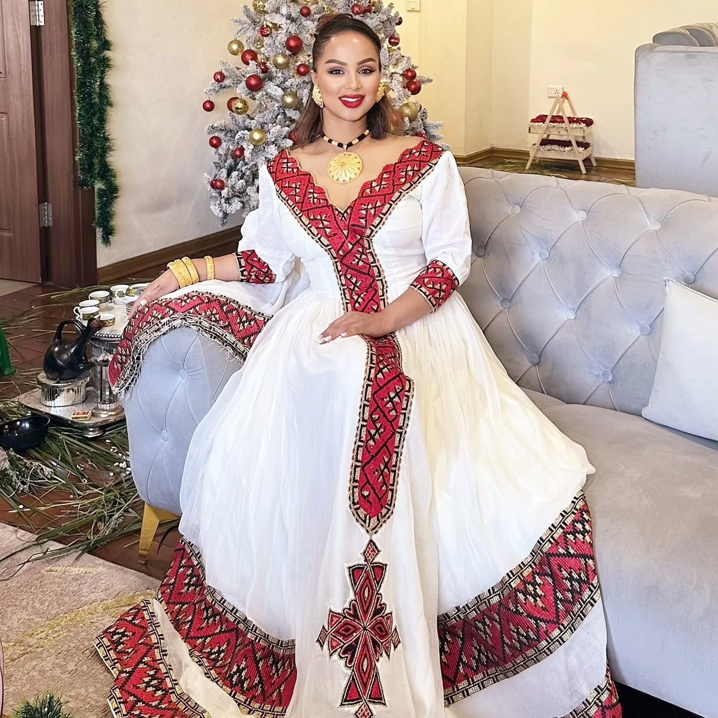 HABESHA KEMIS WITH RED EMBROIDERY – ELEGANT ETHIOPIAN TRADITIONAL DRESS & HABESHA CLOTH BEAUTY