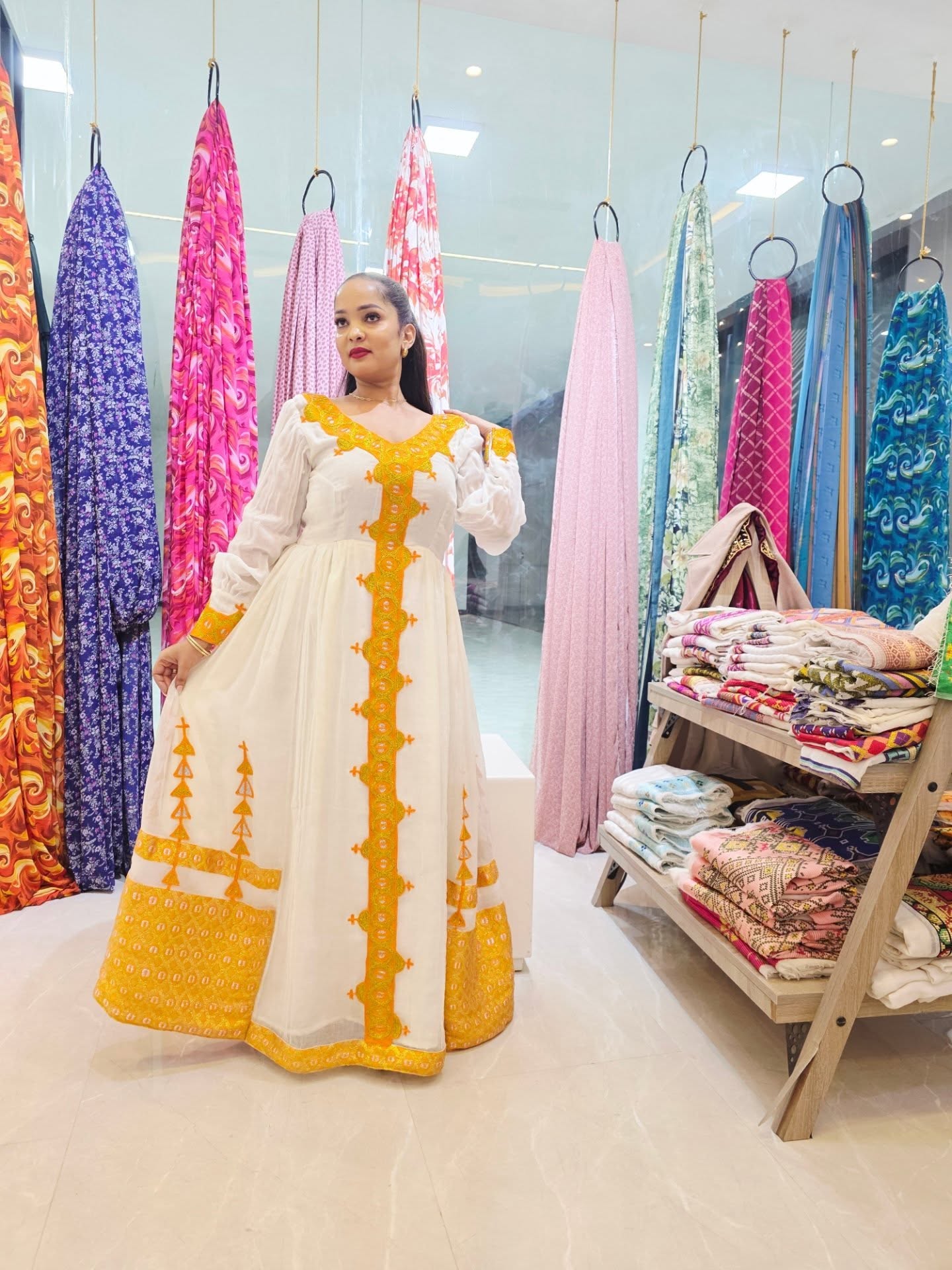 HABESHA KEMIS – YELLOW ETHIOPIAN TRADITIONAL DRESS WITH GOLDEN EMBROIDERY | HABESHA DRESS