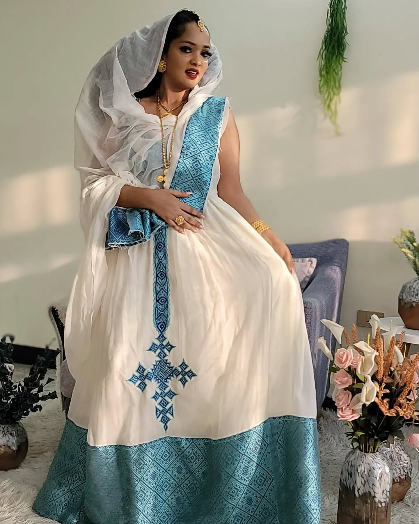 ZERITU SLEEVELESS ETHIOPIAN TRADITIONAL DRESS | CROSS EMBROIDERY HABESHA KEMIS | HABESHA DRESS FOR EVENT