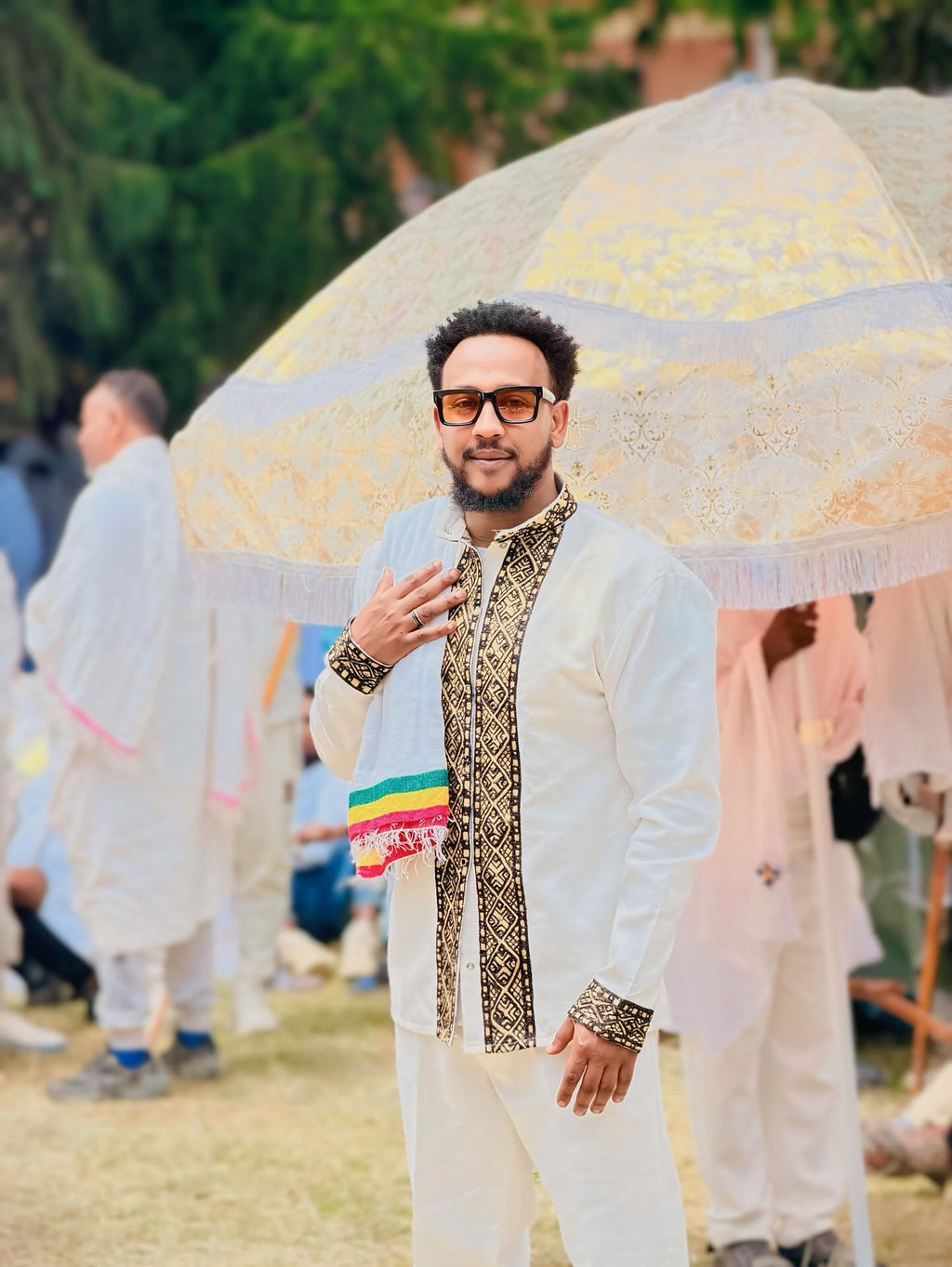 MEN’S HABESHA SHIRT AND PANTS SET WITH NETELA – ETHIOPIAN TRADITIONAL MEN’S CLOTHING