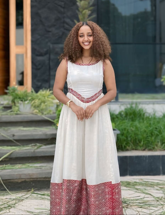 MEDI SLEEVELESS HABESHA KEMIS | CHIC HABESHA DRESS WITH RED PATTERN | INSPIRED BY ETHIOPIAN TRADITIONAL DRESS