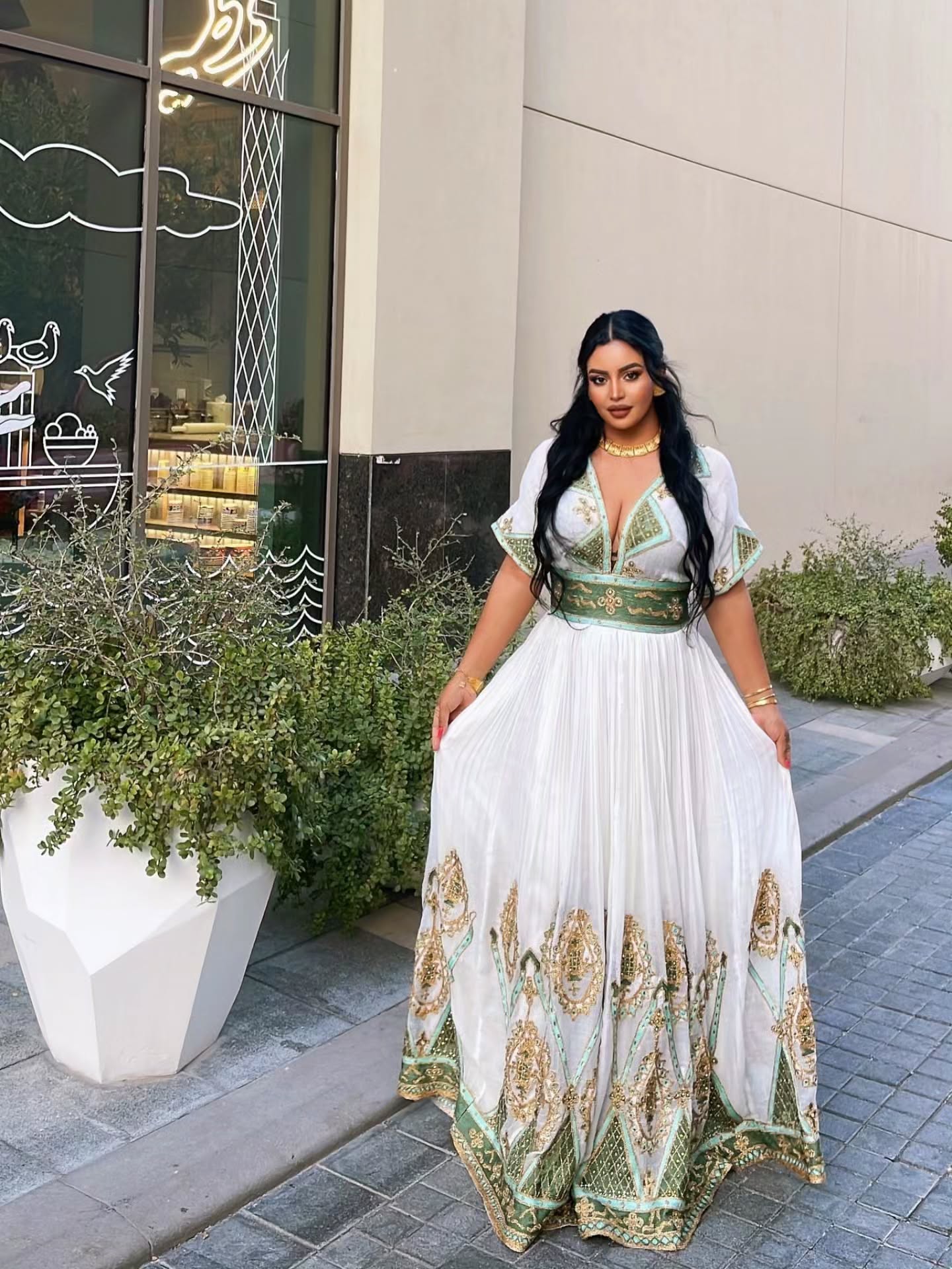 ALEMNESH LUXURIOUS TRADITIONAL ETHIOPIAN CLOTHING | GOLDEN AND GREEN EMBROIDERY HABESHA KEMIS | GRACEFUL HABESHA DRESS