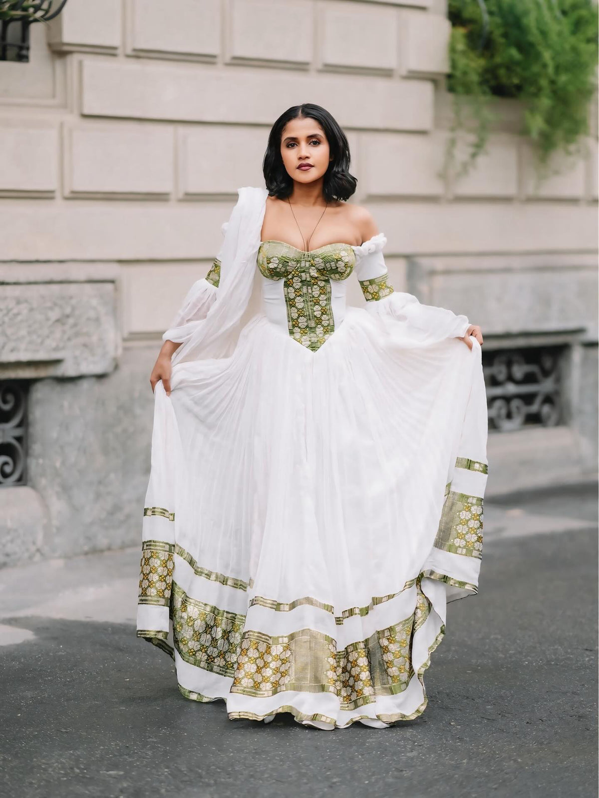 TIRINGO BEAUTIFUL HABESHA KEMIS | TRADITIONAL ETHIOPIAN CLOTHING | GREEN WOVEN HABESHA DRESS