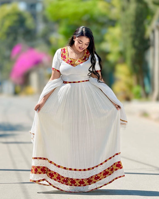 HABESHA KEMIS – STUNNING TRADITIONAL ETHIOPIAN CLOTHING WITH RED AND GOLD EMBROIDERY
