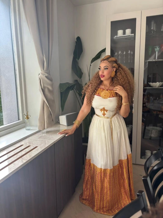 HABESHA KEMIS HABESHA DRESS ETHIOPIAN CLOTHING – GOLD & WHITE TRADITIONAL STYLE
