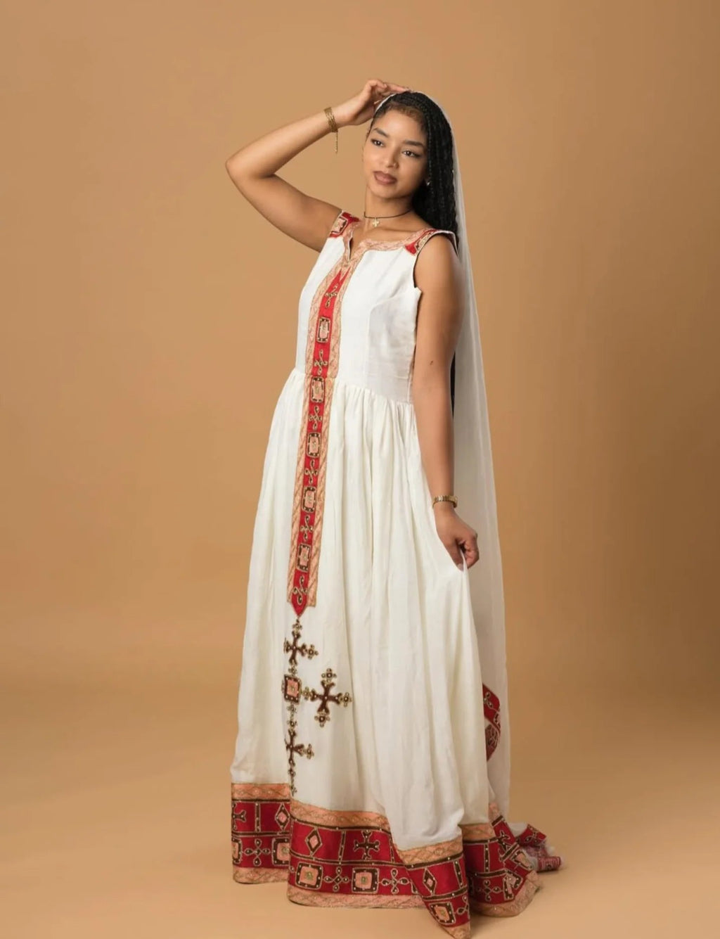 AYNU SLEEVELESS HABESHA DRESS | SIMPLICITY IN TRADITIONAL ETHIOPIAN CLOTHING | RED EMBROIDERY HABESHA KEMIS