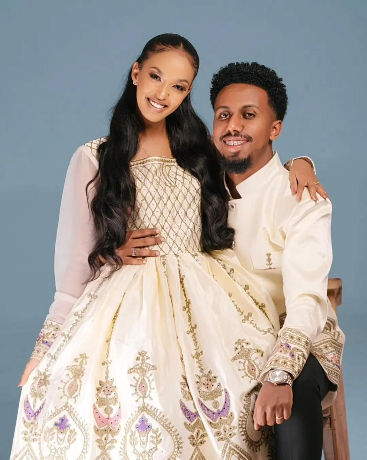 ALEMTSEHAY HABESHA MATCHING SET | ETHIOPIAN TRADITIONAL COUPLE WEAR | HABESHA DRESS & MEN'S SHIRT